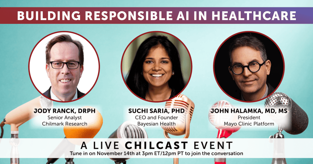 Banner image showing Jody Ranck, Suchi Saria and John Halamka as speakers for upcoming live podcast recording on November 14 at 3pm ET.